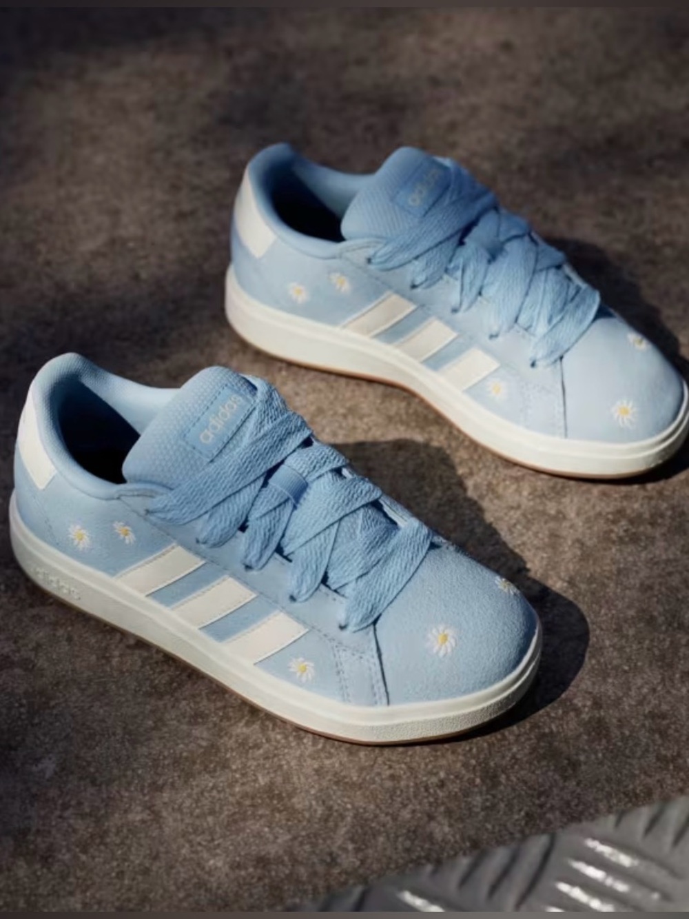 Adidas Kids Light Blue Suede Sneakers with Daisy Flower Accents
